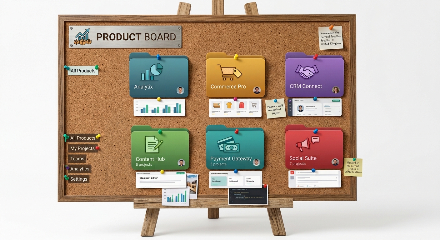 A corkboard titled Product Board with colour-coded product folders pinned to it
